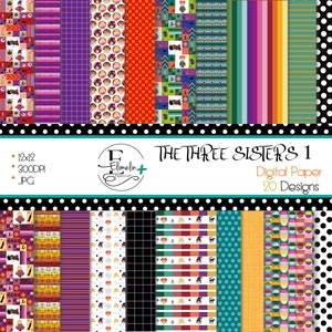 Könnte beinhalten: Ein digitales Papierpaket mit 20 Designs zum Thema Halloween. Die Designs beinhalten verschiedene Muster mit Hexen, Katzen und anderen Halloween-Bildern. Das Papierpaket ist 12x12 Zoll groß und hat 300 DPI.