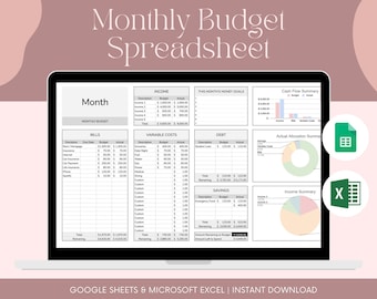 Planificateur financier de feuille de calcul budgétaire mensuel - Budget Google Sheets - Modèle de feuille de calcul - Feuille de calcul Excel - Feuille de calcul budgétaire numérique