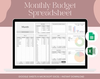 Puede incluir: Una pantalla de ordenador que muestra una plantilla de hoja de cálculo de presupuesto mensual en Google Sheets y Microsoft Excel. La hoja de cálculo incluye secciones para ingresos, facturas, costes variables, deudas, ahorros y resumen del flujo de caja. La hoja de cálculo también incluye gráficos y diagramas para visualizar los datos.