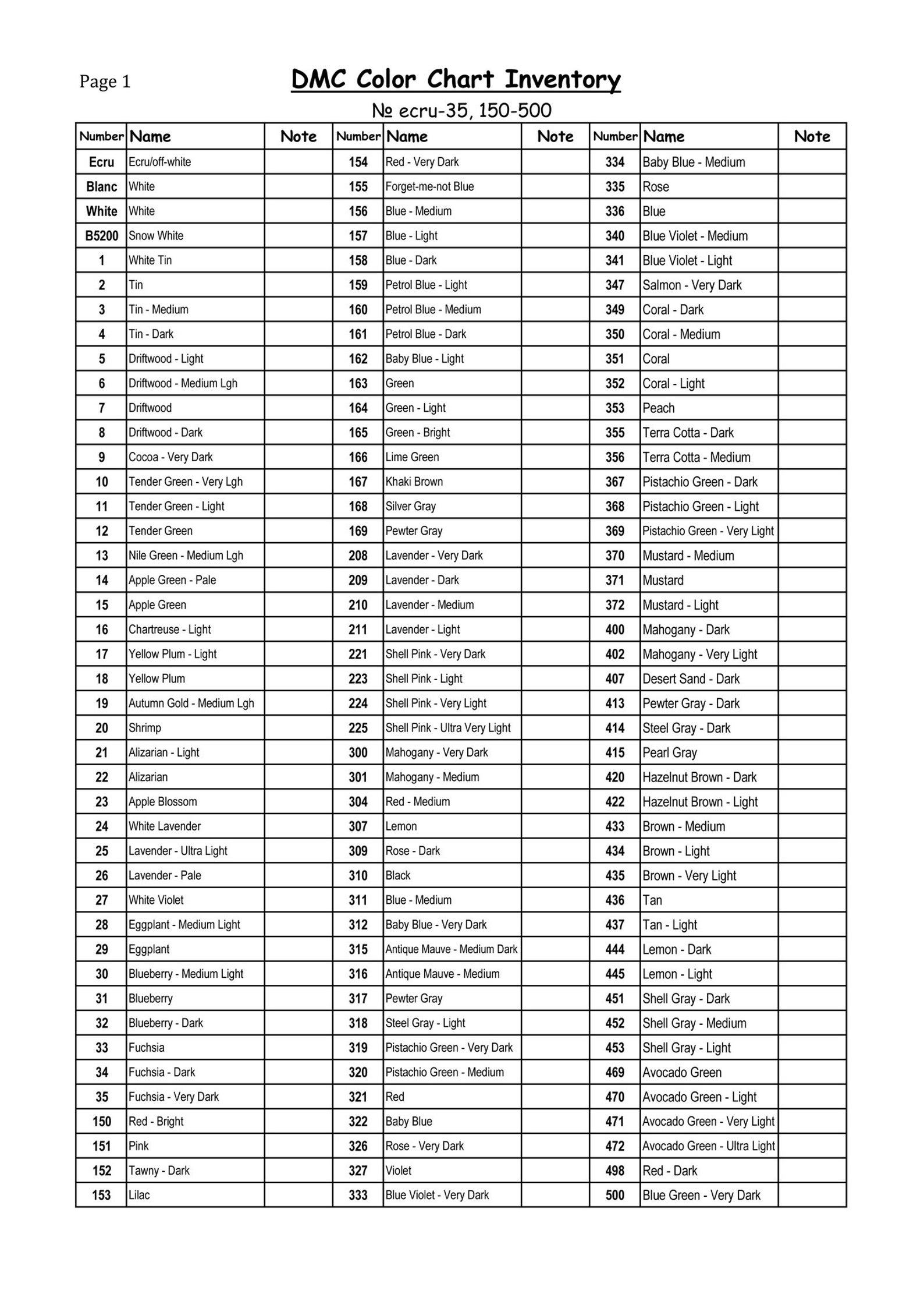 Checklist Free Printable Dmc Color Chart