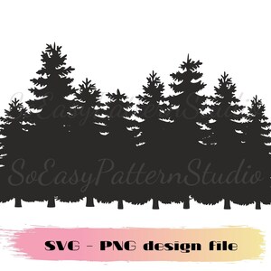 Può includere: Silhouette di un gruppo di pini su sfondo bianco. Gli alberi sono tutti neri e hanno un design semplice e stilizzato.