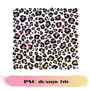 May include: A digital design file featuring a rainbow glitter leopard print pattern. The pattern is made up of black leopard spots on a white background. The glitter is in a rainbow gradient, starting with purple at the top and fading to yellow at the bottom.