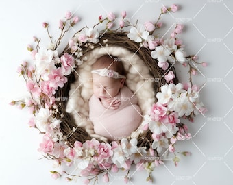 Newborn Photography Digital Backdrop, Baby in Pink Flower Basket, Spring Floral Composite, Photoshop Overlays, Photography Backgdrop