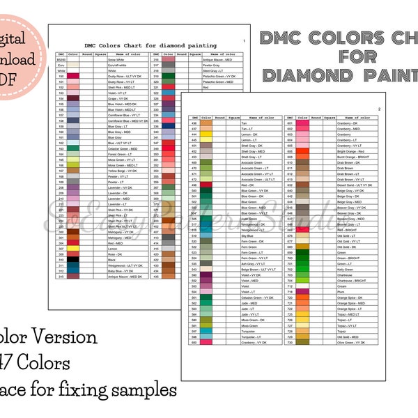 Diamant Malerei DMC Color Chart DMC Colors Char for diamond painting PDF Download Datei DMC Diamond Art Color Chart DMC Inventarliste