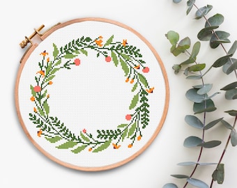 Floral Wreath cross stitch pattern PDF Modern Cross Stitch chart Floral Border Counted Cross Stitching Flower Design Xstitch pattern