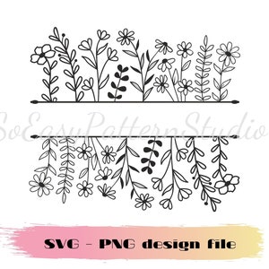May include: Black and white floral design with a divider line in the middle. The design features a variety of flowers and leaves. The design is perfect for creating a unique and stylish border for your projects.