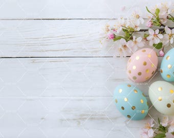Easter Flat Lay Background, Painted Easter Eggs & Floral Design, Styled Stock Photography, Add Your Own Products, Festive Easter Mockup