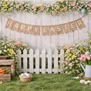 May include: Easter-themed backdrop with a white picket fence, flowers, and a banner that says "HAPPY EASTER." Includes baskets of eggs, carrots, and a bunny cutout. The scene is set on green grass with a wooden crate.