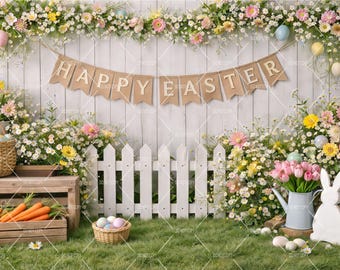 Happy Easter Photo Backdrop, Spring Floral Bunny Photography Background, Easter Mini Session Setup, Kids Easter Photo, Digital Download