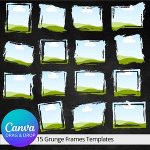 May include: Fifteen grunge style frames with a green landscape and a white cloud in the sky. The frames are on a black background. Canva Drag & Drop 15 Grunge Frames Templates.