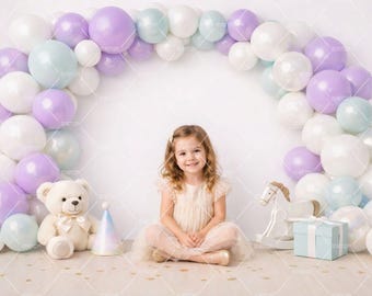Birthday Girl Digital Backdrop, Mermaid Colors Pink Balloon Arch, Cake Smash Photography (Instant Download)