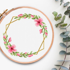 Floral Wreath cross stitch pattern PDF Modern Cross Stitch chart Floral Border Counted Cross Stitching Flower Design Xstitch pattern
