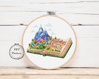 Adventure Awaits Cross Stitch pattern PDF Counted cross stitch Camping Modern xstitch pattern Camp cross stitching Mountain landscape River