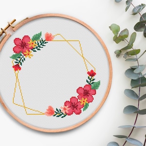 Bloemenkrans kruissteekpatroon PDF Modern kruissteekschema Bloemenrand Geteld kruissteek Bloemenontwerp Xstitch-patroon