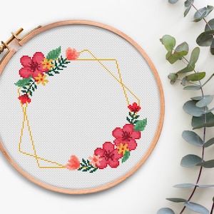 Floral Wreath cross stitch pattern PDF Modern Cross Stitch chart Floral Border Counted Cross Stitching Flower Design Xstitch pattern