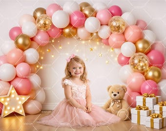 Toile de fond numérique fête d'anniversaire fille, arche de ballon Smash de gâteau d'un an, fond de photographie d'anniversaire blanc et rose, téléchargement immédiat