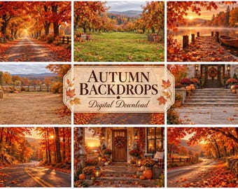 Set of 9 Autumn Digital Backgrounds, Fall Photography Backdrops, Pumpkin Backgrounds, Autumn Portraits, Fall Photo Composite