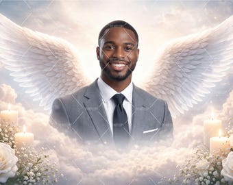 In Loving Memory Photo Background, Memorial Poster with Angel Wings, Celebration of Life Template, Sympathy Wall Art, Digital Download