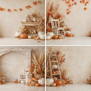 May include: A collection of four photography backdrops featuring autumn themes with pumpkins, dried pampas grass, fall foliage, and rustic wooden furniture like chairs, ladders, and fireplace mantels in neutral beige and warm orange tones.
