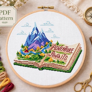 Adventure Awaits Cross Stitch Pattern: Mountain River Landscape (PDF Pattern)
