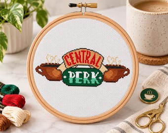 Central Perk cross stitch pattern PDF Friends TV show Counted Cross Stitch chart Modern Cross Stitching Coffee cross stitch Funny xstitch