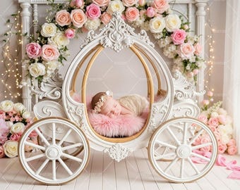 Newborn Photography Digital Backdrop, Baby Princess Carriage Floral Background, Fairytale Digital Prop, Pink Roses Photography Backdrop
