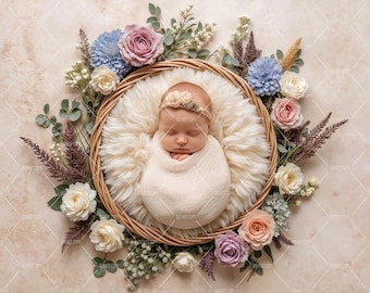 Newborn Photography Digital Backdrop, Floral Basket Background for photography, Photoshop Overlays, Spring Newborn Composite