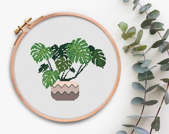 Monstera cross stitch Homely Plant counted cross stitch pattern PDF Easy Cross stitch chart Palm Tropical Leafs Beginners Cross stitching