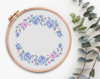 Flower Border Modern cross stitch chart Floral Wreath cross stitch pattern PDF Easy cross stitch Design Flowers Needlepoint Design xstitch