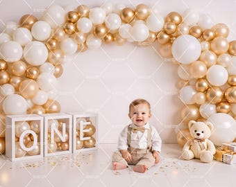 First Birthday Boy Girl  Digital Backdrop, One Year Cake Smash Balloon Arch, White & Gold Birthday Photography Background, Instant Download