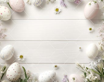 Easter Flat Lay Background | Painted Easter Eggs & Floral Design | Spring-Themed Digital Backdrop | Festive Easter Mockup