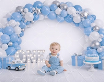 First Birthday Boy Digital Backdrop, Blue White Cake Smash Photography Background (Digital Download)