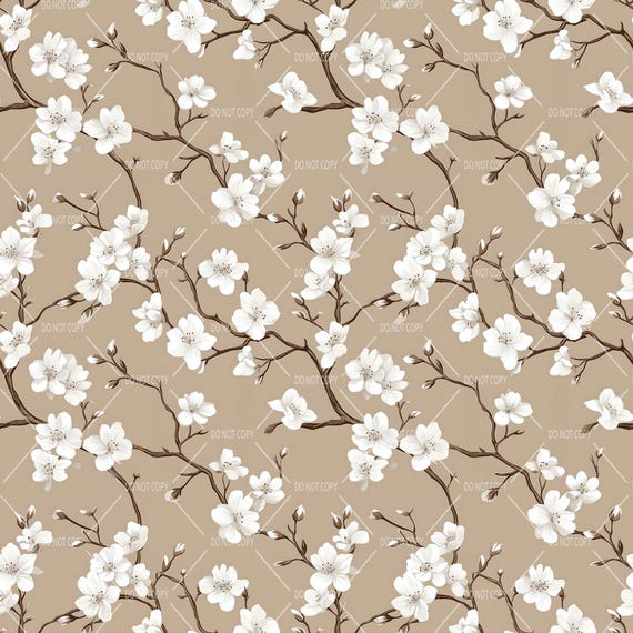 Cherry Blossom Seamless Pattern, White Sakura Floral Design on