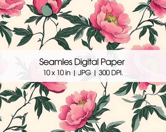 Peonies Seamless Digital Paper, Floral Seamless Repeat Pattern, Floral background, Instant Download Jpeg, Fabric, Wallpaper, and Home Decor