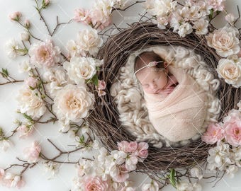 Newborn Photography Digital Backdrop, Baby in Pink Flower Basket, Spring Floral Composite, Photoshop Overlays, Photography Backgdrop