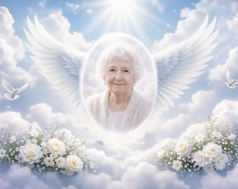 In Loving Memory Photo Background, Memorial Poster with Angel Wings, Celebration of Life Template, Sympathy Wall Art, Digital Download