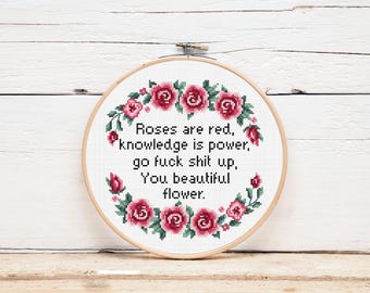Feminist Cross Stitch Pattern Roses Are Red Knowledge Is Power Go Smash The Patriarchy Cross Stitch Chart Quotes Modern embroidery Design