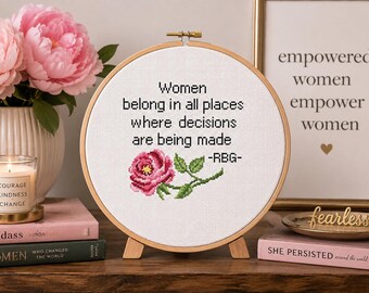 Patrón de punto de cruz "Las mujeres pertenecen a todos los lugares" en PDF, cita de Ruth Bader Ginsburg (RBG), diseño de bordado feminista moderno.
