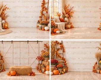 Set of 4 Autumn Digital Backgrounds, Fall Photography Backdrops, Pumpkin Backgrounds, Autumn Portraits, Fall Photo Composite