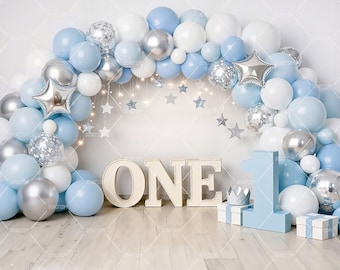 First Birthday Boy Digital Backdrop, One Year Cake Smash Balloon Arch, Blue & Gold Birthday Photography Background, Instant Download