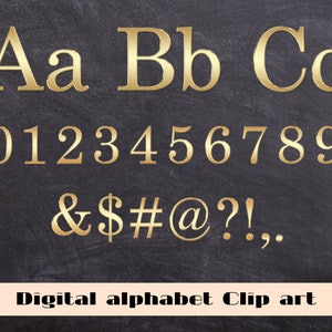 May include: Gold alphabet and number clip art on a black chalkboard background. The letters are uppercase and include the characters & $ # @ ? ! . , .