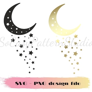 May include: Two crescent moon designs with stars falling from them. One moon is black and the other is gold.
