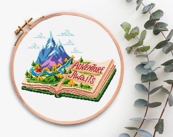 Adventure Awaits Cross Stitch pattern PDF Counted cross stitch Camping Modern xstitch pattern Camp cross stitching Mountain landscape River