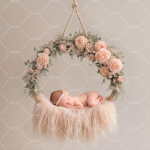 Newborn Photography Digital Backdrop, Baby in Pink Flower Basket with Spring Floral Composite, Photoshop Overlays, Photography Backgdrop