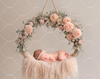Newborn Photography Digital Backdrop, Baby in Pink Flower Basket with Spring Floral Composite, Photoshop Overlays, Photography Backgdrop