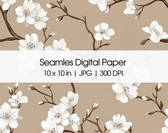 Cherry Blossom Seamless Pattern, White Sakura Floral Design on Beige, Spring Digital Paper, Japanese Blossom Repeat Print Instant Download