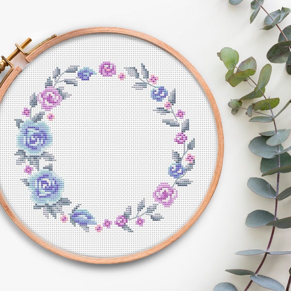 Cross Stitch Floral Border Pattern, Easy Cross Stitch Pattern Flower, Wreath Cross Stitch chart, Counted Cross Stitch Pattern PDF Modern