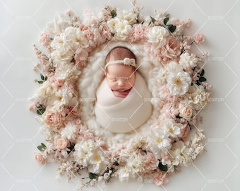 Newborn Photography Digital Backdrop, Baby in Pink Flower Basket, Spring Floral Composite, Photoshop Overlays, Photography Backgdrop