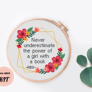 Cross Stitch Kit Ruth Bader Ginsburg Feminist Quote Girl With A Book RBG Cross stitch Kit Sarcastic Sterter cross stitch Kit for begginers