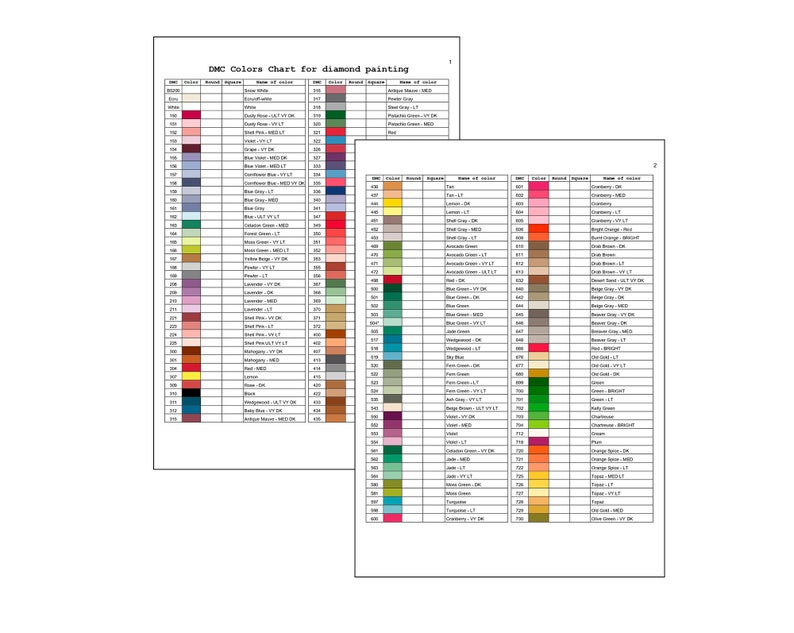 May include: DMC Colours Chart for diamond painting, a two-page chart with DMC thread numbers, corresponding colour squares, and the name of each colour. The chart includes a wide range of colours, including red, blue, green, yellow, brown, and black.